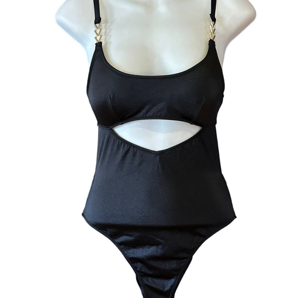 Victoria's Secret Women's Small Black One Piece Swimsuit Padded Top Gold Trim